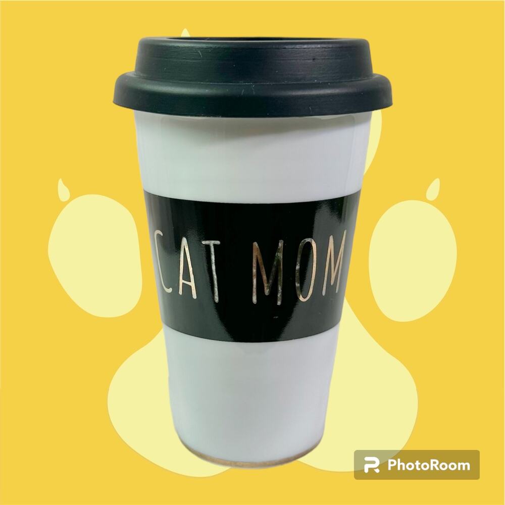 Rosanna 12 Fl Oz White CAT MOM Ceramic Travel Commuter Cup With Lid & Stopper